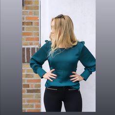 Long Sleeve Blouse Blue Padded Blouse For Work, Green Stretch Blouse For Work, Blue Stretch Blouse For Office, Stretch Blue Office Blouse, Blue Stretch Blouse For Work, Blue Stretch Blouse For Workwear, Chic Stretch Padded Blouse, Chic Fitted Blouse For Brunch, Chic Stretch Blouse For Brunch