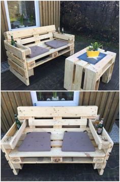 pallet furniture made out of wooden pallets with cushions on top and bottom, sitting outside