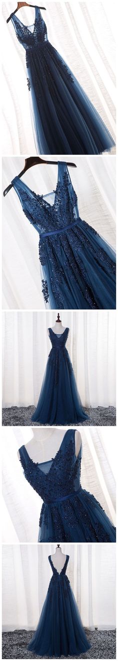 A-Line V-neck Floor length Tulle Prom Dresses Formal Gowns Blue Tulle, Blue Tulle Gown, Tulle Gown, Graduation Party Dresses, Vintage Prom, Prom Dresses For Teens