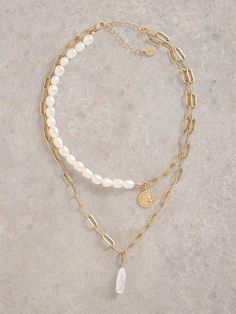 This necklace does the layering for you. It has a smart multi-textured chain. Fresh water pearls. And a lucky penny charm. Pearl Chain Necklace, Lucky Penny, Multi Layer Necklace, Sun With Sunglasses, Layer Necklace, Water Hyacinth, Strawberry Print, Fresh Water Pearls, White Stuff