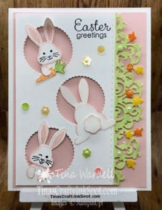 an easter card with bunny and carrots on the front, in pastel colors