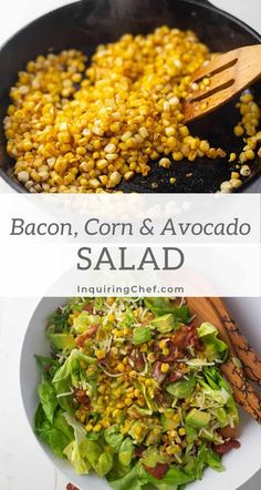 bacon, corn and avocado salad in a skillet