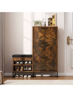 a wooden cabinet sitting next to a pair of shoes