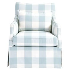 a blue and white plaid chair on a white background