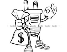 a black and white cartoon character holding a bag with money in it's hand