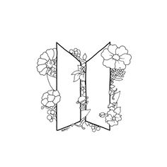 the letter m is decorated with flowers and leaves