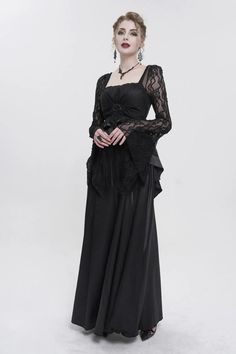 Black Lace Pointy Large Sleeves Back Middle Zipper Satin Long Floor Le – LolitaInside Black Satin Long Dress, Long Dress With Jacket, Satin Long Dress, Dress With Jacket, Punk Dress, Satin Dress Long, Gothic Dress, Satin Color, Lolita Dress