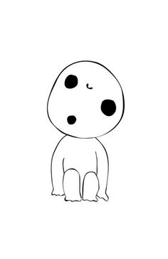 a black and white drawing of a cartoon character with big eyes, sitting on the ground