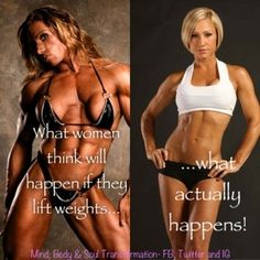 two pictures of women in bikinis, one showing her muscles and the other saying what women think will happen if they lift weights