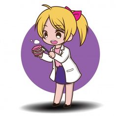 a cartoon girl in a lab coat holding a donut