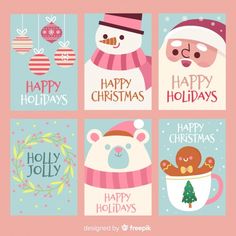 four christmas cards with cute animals and snowman in hats, scarfs and mittens