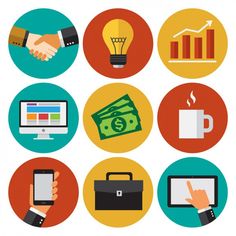 various business icons with hands holding phones and laptops, coffee cup, money, light bulb