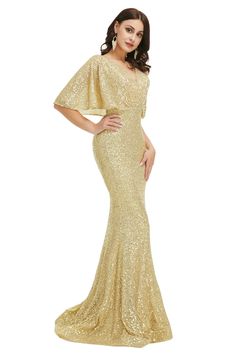 Sequins Mermaid Cape Sleeves V Neck Prom Dresses V-neck Mermaid Dress For Banquet, Glamorous V-neck Mermaid Dress, V-neck Mermaid Dress For Evening, Mermaid Banquet Dress With Sweep Train, Mermaid Gala Dresses For Prom Season, Gold V-neck Dresses With Sweep Train, Gold V-neck Dress With Sweep Train, Glamorous Mermaid Banquet Dress, Wedding Dresses With Mermaid Hem