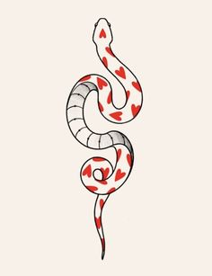 a drawing of a snake with hearts on it's back and tail, in red ink