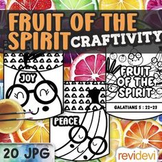 the fruit of the spirit craftivity kit is shown in front of a colorful background