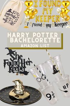 harry potter party supplies including cups, saucer, spoons and other items to be used