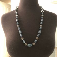 Nwt! Crazy Horse Blue + Gray/Grey Beaded Necklace “Blue Skies”. Beautiful Dark Blue Beads With Gray Glass Looking Beads. 2 Silver Toned Diamonds (Minor Discoloration On Back - May Be Able To Be Cleaned/Shined). New With Tag. Box Included. Crazy Horse By Liz Claiborne Casual Blue Beaded Necklaces With Large Beads, Casual Blue Beaded Necklace With Large Beads, Casual Blue Necklace With Large Beads, Elegant Blue Jewelry With Wooden Beads, Blue Bohemian Chrysocolla Beaded Necklace, Elegant Blue Beaded Nickel-free Necklace, Vintage Blue Glass Beaded Necklaces, Gray Beaded Necklace, Blue Beaded Multi-strand Crystal Necklaces