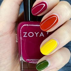 thepolishclub Fall vibes today!!! From pointer to pinky: @zoyanailpolish Vanessa, @klpolish cubana, @palatepolish yolk, zoya Shawn.  #zoyanailpolish #everydayzoya #zoyashawn #zoyavanessa  #fallnails #fallnailpolish #fallvibes #nailsofinsta #nailsofinstagram #nailsoftheday #nailedit #nailsonfleek  #nailpolishaddict #nailpolishcomparison #nailpolishjunkie #nailjunkie #nailpolishcollection #vegan #crueltyfree #veganbeauty #crueltyfreebeauty #skittlemani Red Skittles, Nail Polish Shades, Zoya Nail Polish, Green Nail Polish, Green Nail, Red Nail Polish