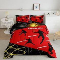 a bed room with a basketball comforter and pillows