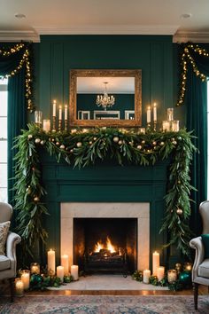 a fireplace decorated with greenery and candles