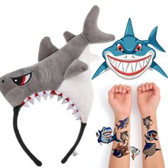 shark and shark headbands with temporary tattoos on both arm, wrist and hand