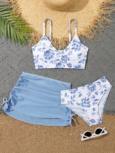 Tween Girl Random Floral Print Bikini Set And Drawstring Side Bikini Set Skirt Summer BeachI discovered amazing products on SHEIN.com, come check them out! Swimming Outfits, Cute Beach Outfits, Swimsuit Skirt, Swimsuits Outfits, Skirt Summer, Cute Bathing Suits