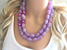 "A classic color that never goes out of style! Lavender / light purple beaded necklace and earring set. Necklace is 16 inches long with a 4 inch extender chain. Earrings are 2\" drop, a matching lavender bead with a fish hook style hardware. Thank you for supporting handmade and small American business! Hate to wait? Me too! I ship 6 days a week. Like this style but prefer another color? Check out our other BIG BEAD necklaces: https://www.etsy.com/shop/PolkaDotDrawer?ref=hdr_shop_menu&search Handmade Purple Beaded Necklace For Weddings, Elegant Lavender Beaded Necklace With Adjustable Fit, Purple Single Strand Beaded Necklace, Purple Large Beaded Necklace, Elegant Purple Necklace With Large Beads, Purple Large Beads Jewelry Gift, Gift Purple Large Beads Jewelry, Elegant Purple Beaded Necklace For Wedding, Purple Large Beads Jewelry For Gift