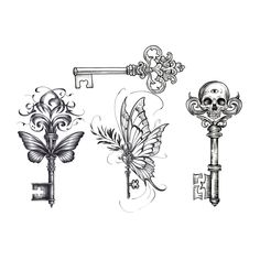 four different keys with skulls and flowers on the top one has a key to each side