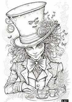 a drawing of a woman with a top hat and bow tie holding a cup in her hands