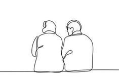 two people sitting on a bench looking at something in the distance, one line drawing