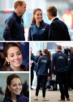 the royal couple are smiling and talking to each other in front of some people wearing blue uniforms