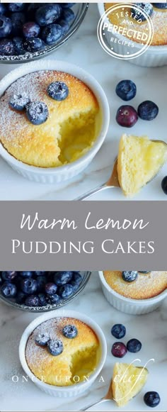 blueberries and lemon pudding in small white dishes with the words warm lemon pudding cakes