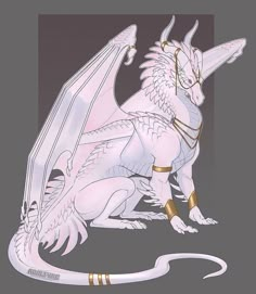 a white and gold dragon sitting on top of a gray surface with its wings spread