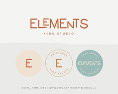 the logo for elements kids studio is shown in three different colors and font styles, including orange