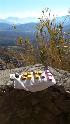 some food is sitting on a towel near the mountains