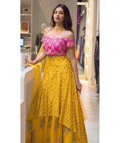 Wonderful Yellow Silk Off Shoulder Lehenga Choli Off Shoulder Lehenga, Function Dresses, Choli Dress, Mehendi Outfits, Lehnga Dress, Lehenga Blouse Designs, Choli Designs, Indian Gowns Dresses, Indian Lehenga