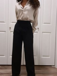 Black Neutral Work Outfit, Black Official Pants Outfit, Black Formal Pants Women Outfit, Neutral Corporate Outfit, Wide Leg Pants Button Up Shirt, Semi Formal Shirts For Women, Formal Dress Pants For Women, Woman Slacks Outfit, Semi Formal Black Pants Outfit For Women