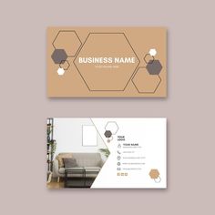 two business cards with hexagonal shapes on the front and back, one is brown