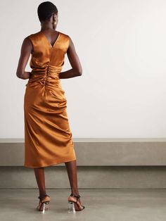 DRIES VAN NOTEN Gathered satin midi dress | NET-A-PORTER Knee-length Formal Midi Dress With Ruched Sides, Knee-length Midi Dress With Ruched Sides For Formal Events, Formal Knee-length Midi Dress With Ruched Sides, Knee-length Ruched Midi Dress For Formal Occasions, Knee-length Ruched Midi Dress, Copper Dress, Embellished Midi Dress, Edgy Chic, Ruffle Midi Dress