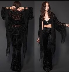 Goth Bell Bottoms Outfit, Goth Bell Bottoms, Black Hippy Outfits, Boho Vampire Aesthetic, Bohemian Black Outfit, Goth Kimono Outfit, Bohemian Goth Fashion, Goth Boho Aesthetic, Witchy Pants Outfit