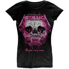 a women's black metallic t - shirt with pink and white skulls on it