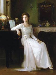 a painting of a woman in a white dress sitting on a chair next to a piano