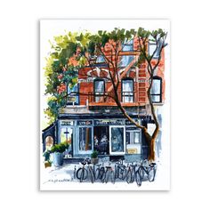 a watercolor painting of a building with bicycles parked outside