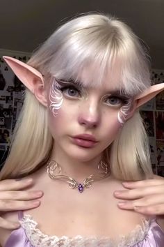 portrait of a beautiful young woman with elfcore makeup look Fantasy Makeup Elf Fairies, Elf Fantasy Makeup, Elven Makeup Looks, Fairy Eyeshadow, Medieval Makeup, Elven Makeup, White Makeup, Halloween Tattoo, Alternative Makeup