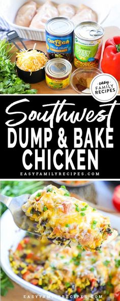 some food that is on top of a plate and in front of the words southwest dump & bake chicken