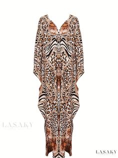 Lasaky - Boho Style Animal Print Cover Up Dress, Featuring V Neck and Loose Fit, Ideal for Beachwear and Womens Swimwear & Clothing Bohemian Leopard Print Beach Dress, Leopard Print V-neck Beach Dress, Leopard Print V-neck Maxi Dress For Vacation, Bohemian Leopard Print Vacation Dress, Leopard Print Vacation Dresses, Leopard Print Maxi Dress For Beach, Spring Leopard Print Maxi Dress For Beach, Leopard Print Summer Vacation Dresses, Summer Vacation Leopard Print Dresses