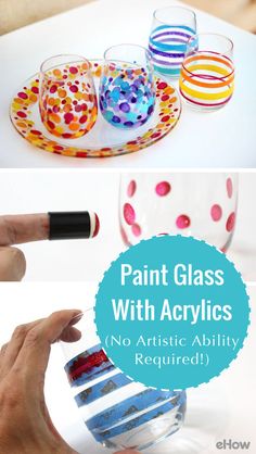 the process for painting glass with acrylics is shown in three different pictures, including one