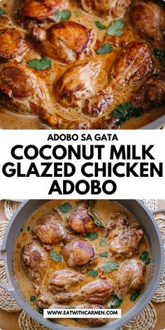 two images showing the ingredients for coconut milk glazed chicken adobo in a skillet