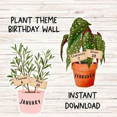 two potted plants with name tags on them and the words plant theme birthday wall