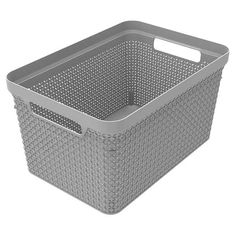 a gray basket with handles on the bottom and sides, in front of a white background